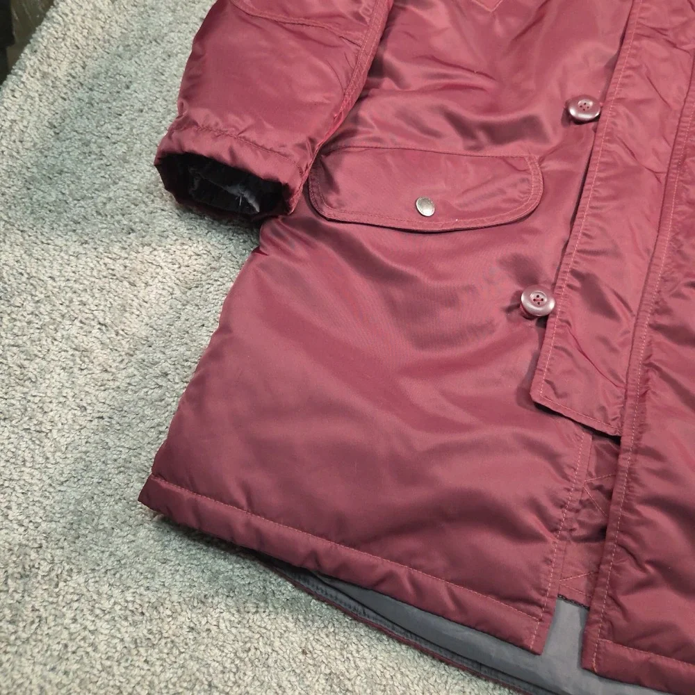 American Eagle Parka Coat Womens S Burgundy Long Faux Sherpa Fur Hood Utility